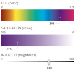 Using the color bars, simply select the desired hue (color), saturation level (value) and intensity (brightness) for any light or group of lights in the Luxor ZDC system. You can save custom colors for easy access.