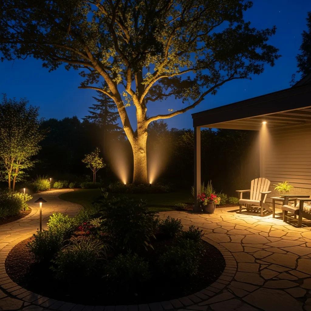 Close-up of outdoor lighting techniques including uplighting, downlighting, and pathway lights