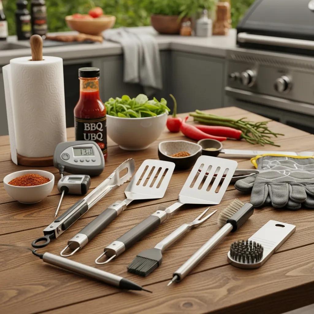 Essential BBQ tools and gadgets including a grill tool set and meat thermometer on a wooden table