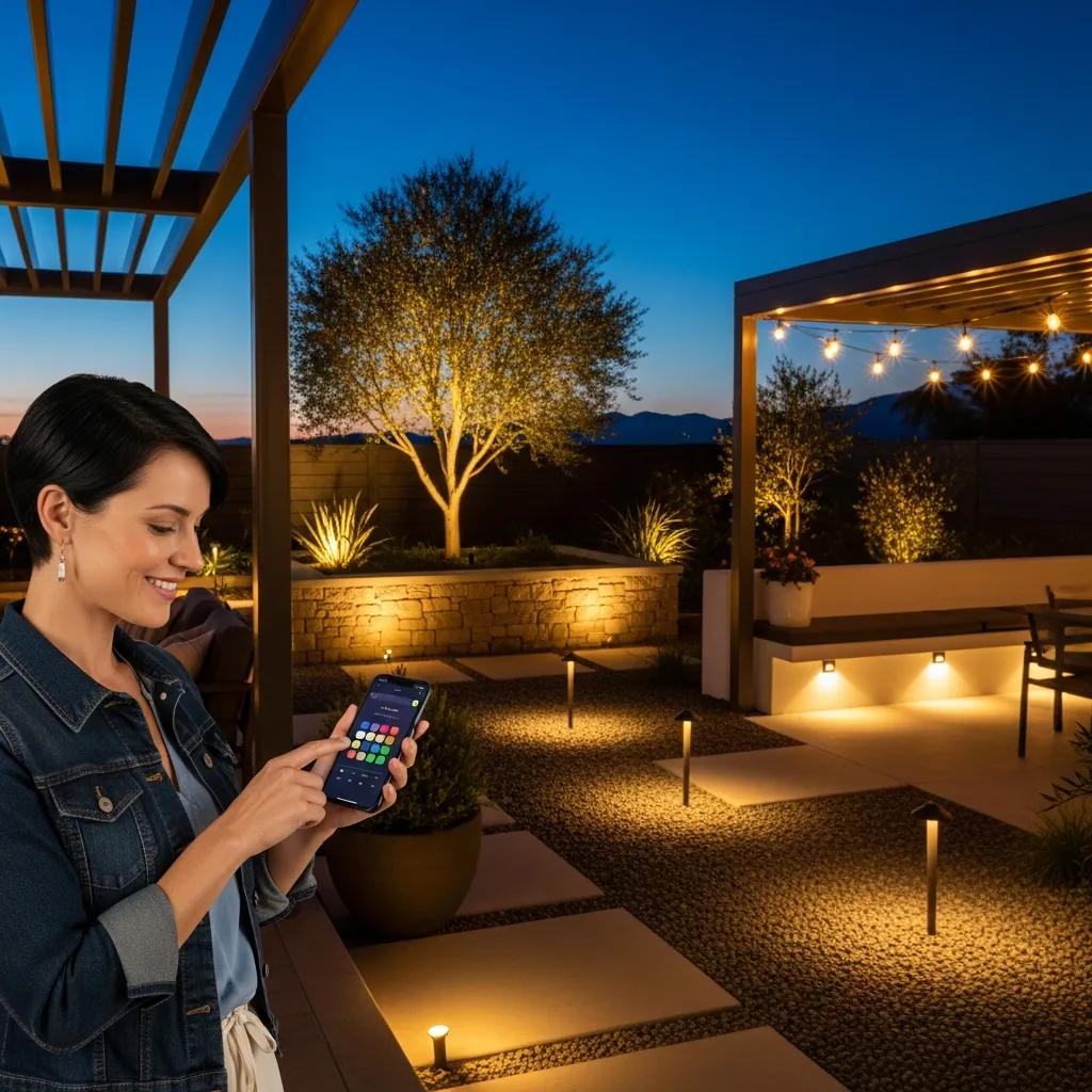 Homeowner controlling smart landscape lighting with a smartphone in a modern outdoor setting
