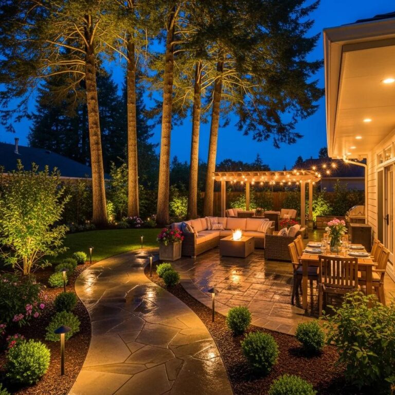 Illuminated backyard with professional landscape lighting showcasing trees, pathways, and a cozy patio