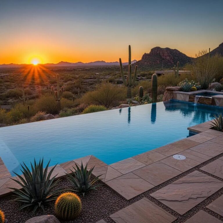 Infinity edge pool in Arizona with desert landscape and sunset