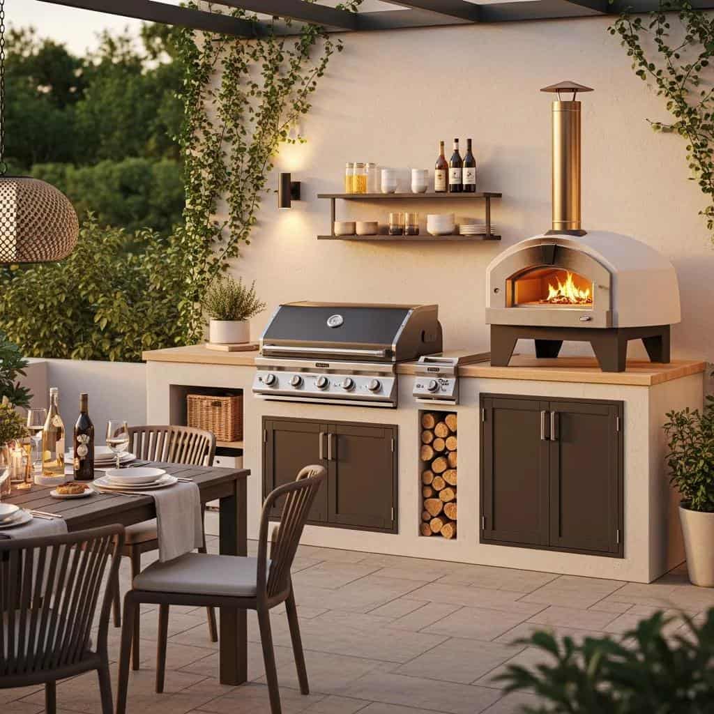 Outdoor kitchen accessories including a grill, pizza oven, and storage solutions in a vibrant setting