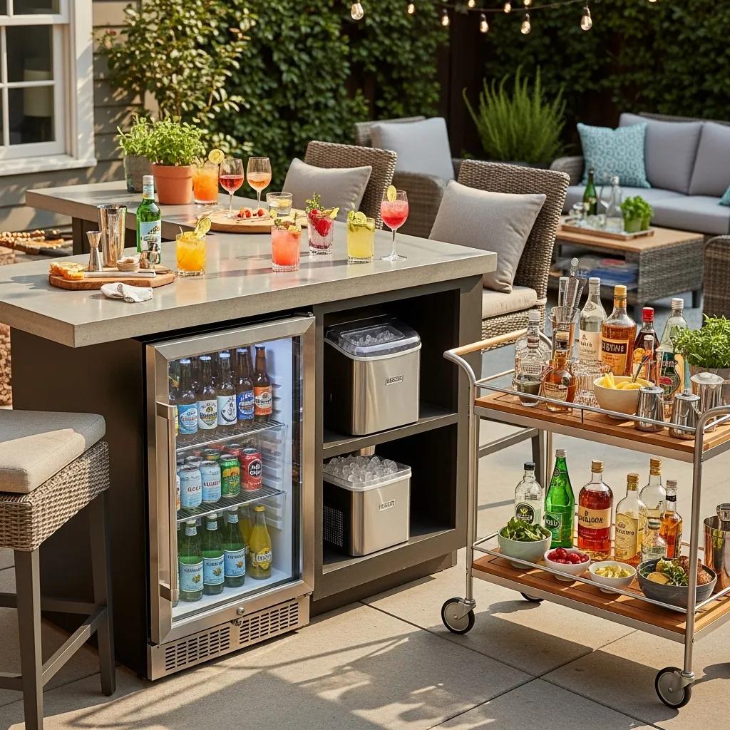 Outdoor kitchen bar area with a refrigerator, ice maker, and beverage cart for entertaining