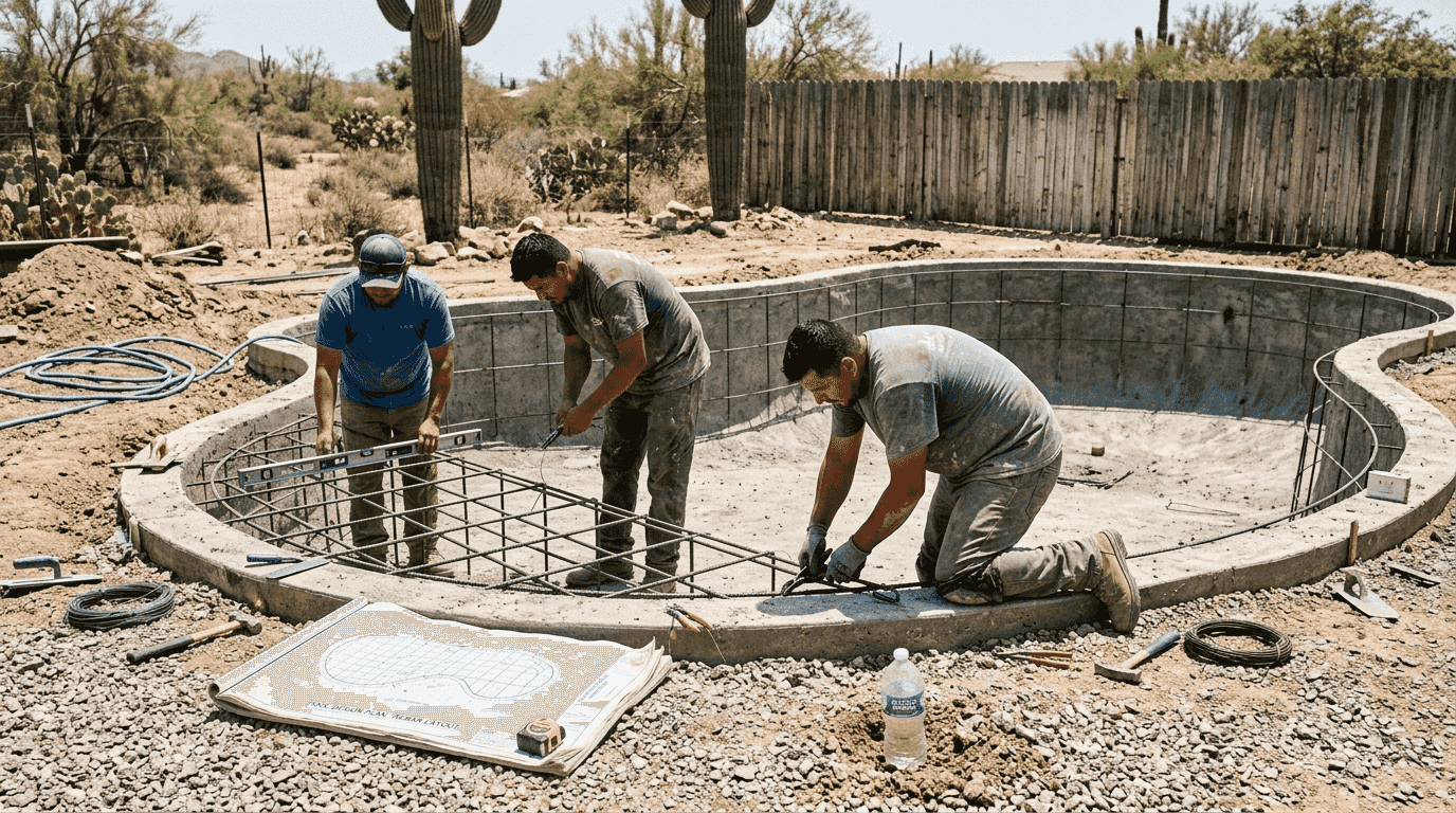 Pool builders preparing rebar in Phoenix yard