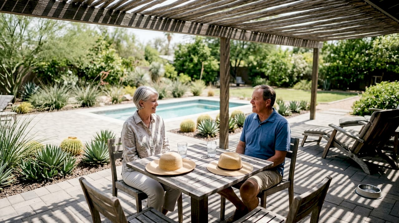 Retired couple in shaded Phoenix backyard oasis