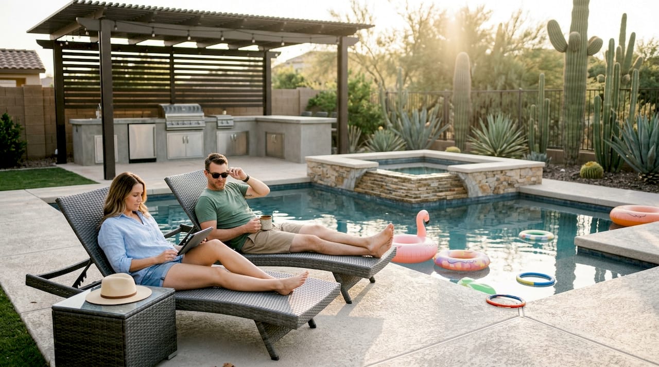 Luxury backyard pool with lounge seating