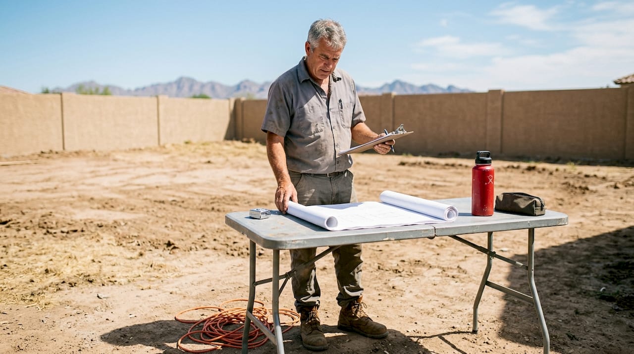 Contractor checking spa plans in Phoenix backyard