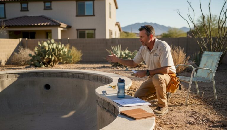 Pool builder inspecting Phoenix backyard site