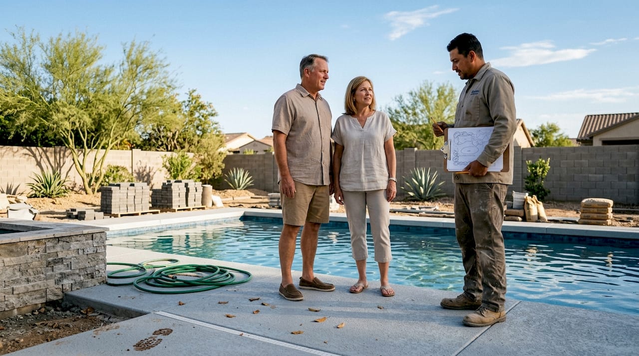 Arizona backyard pool builder meeting with homeowners