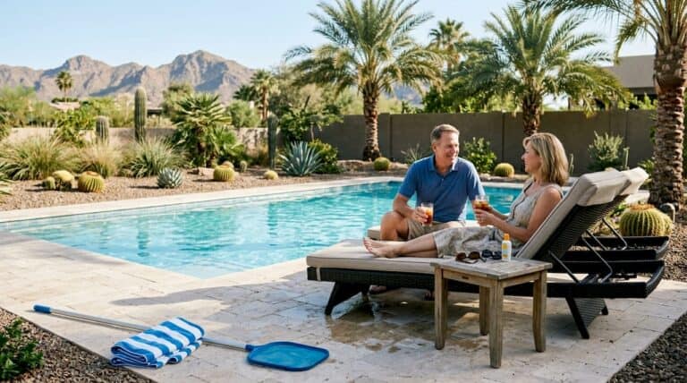 Couple relaxing by luxury pool in Arizona