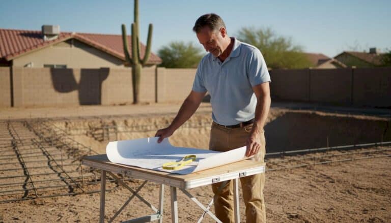Contractor reviewing pool plans at Phoenix job site