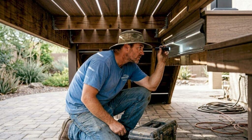 Contractor inspecting high-end Phoenix deck drainage