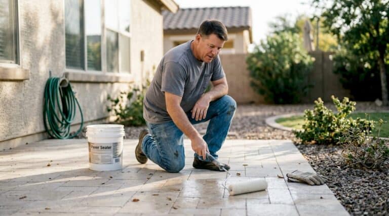 Homeowner sealing concrete pavers in sunlit backyard