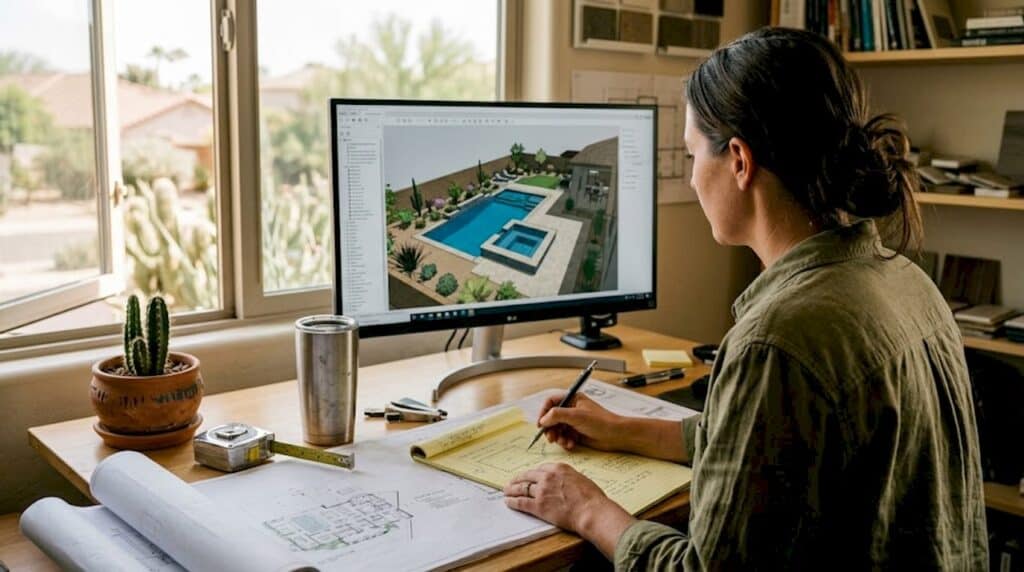 Designer checking 3D model for outdoor space