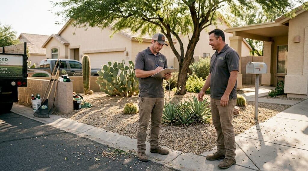 Crew evaluating Phoenix home landscaping curb appeal