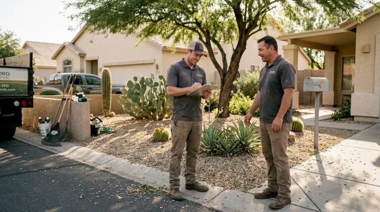 Crew evaluating Phoenix home landscaping curb appeal