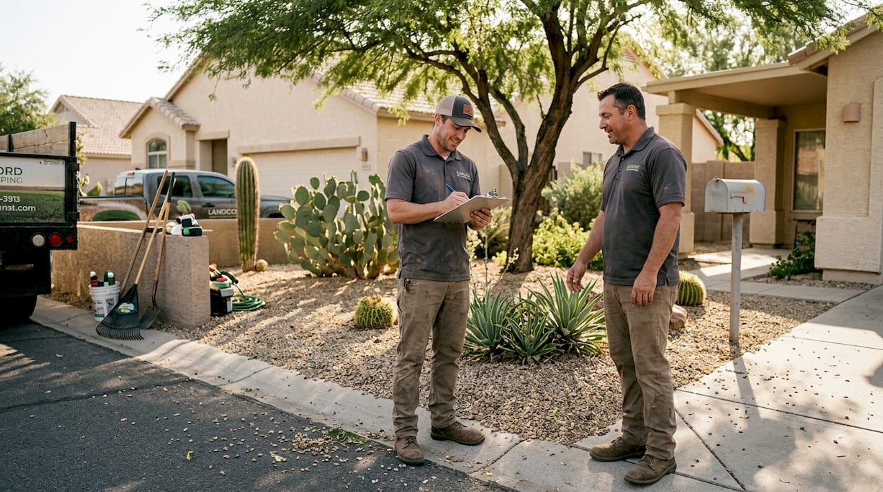 Crew evaluating Phoenix home landscaping curb appeal