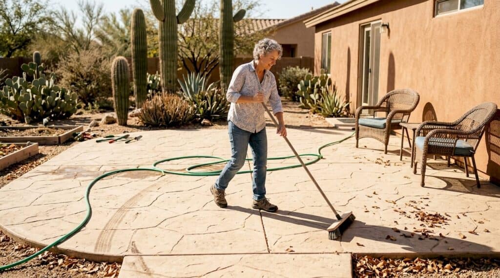 Homeowner sweeping stamped concrete Phoenix patio