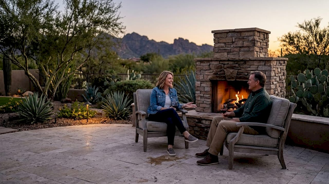 Patio with fireplace in Phoenix backyard