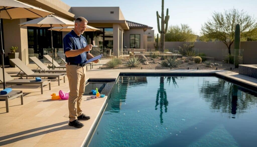 Pool technician checks luxury Phoenix home pool
