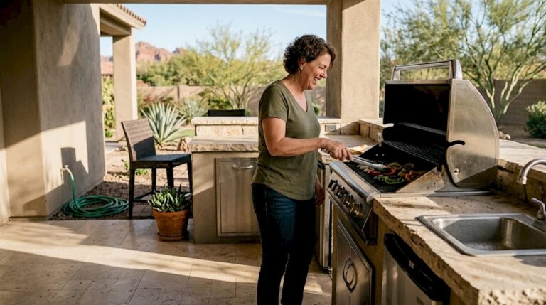 Homeowner grilling in luxury Phoenix outdoor kitchen