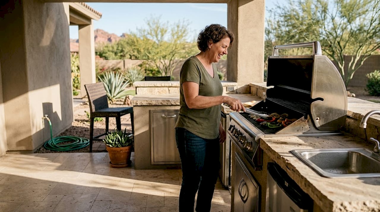Homeowner grilling in luxury Phoenix outdoor kitchen