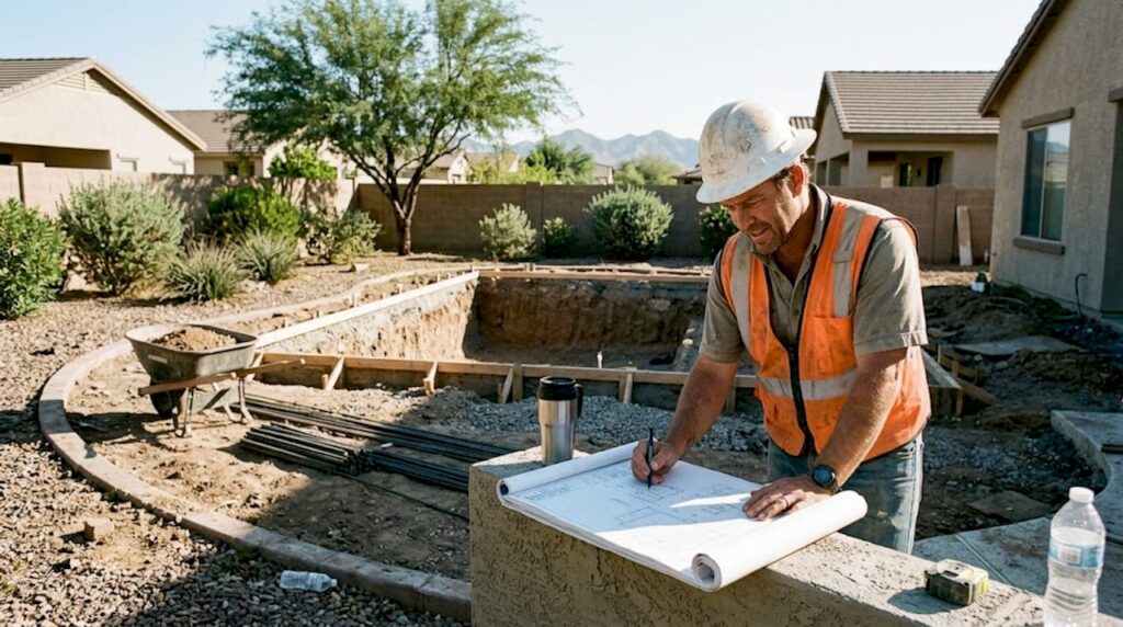 Phoenix worker reviews backyard pool blueprints