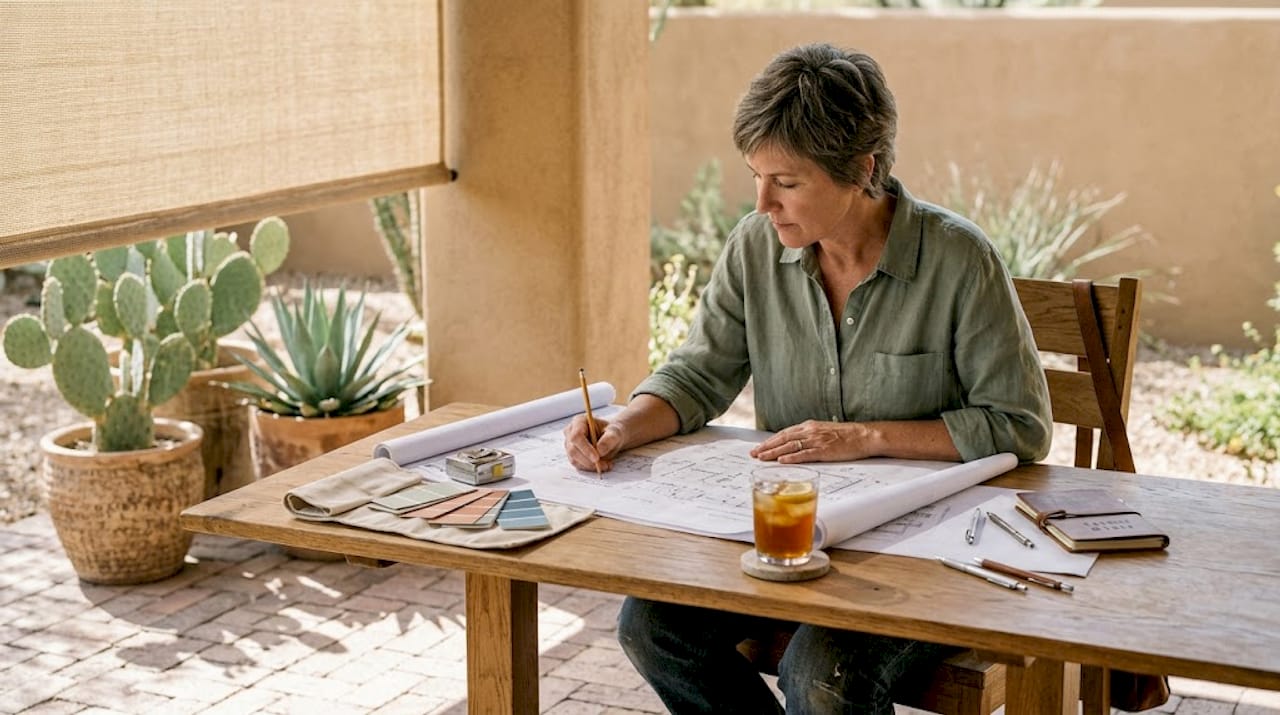 Architect reviewing spa blueprints on sunny patio