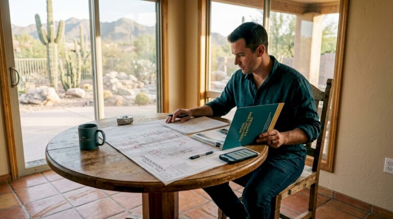 Homeowner reviewing pool construction plans