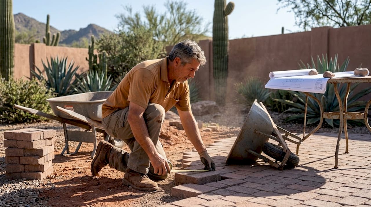Contractor checking stone patio installation
