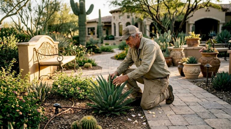 Landscaper tending luxury Phoenix estate garden