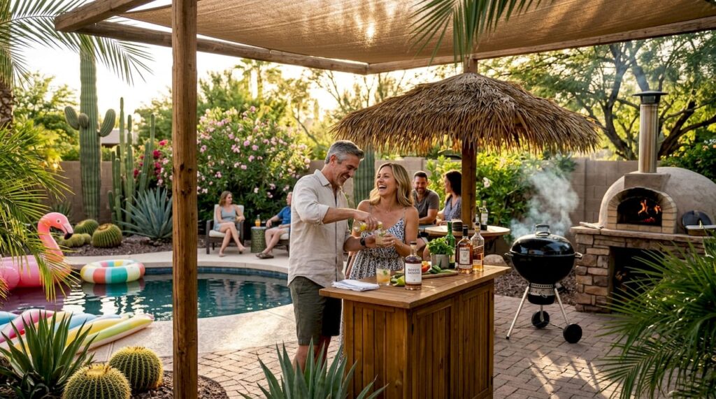 Couple entertaining in luxury Phoenix backyard