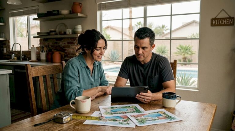 Couple reviewing backyard pool plans at dining table