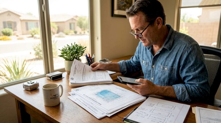 Homeowner reviewing pool permit paperwork