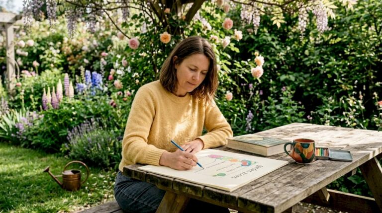Homeowner sketching backyard plan at patio table