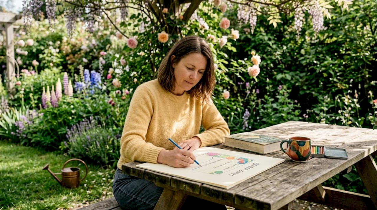 Homeowner sketching backyard plan at patio table
