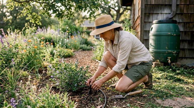 Homeowner tending sustainable backyard landscape