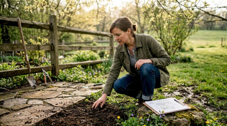 Landscape designer examines drainage in backyard