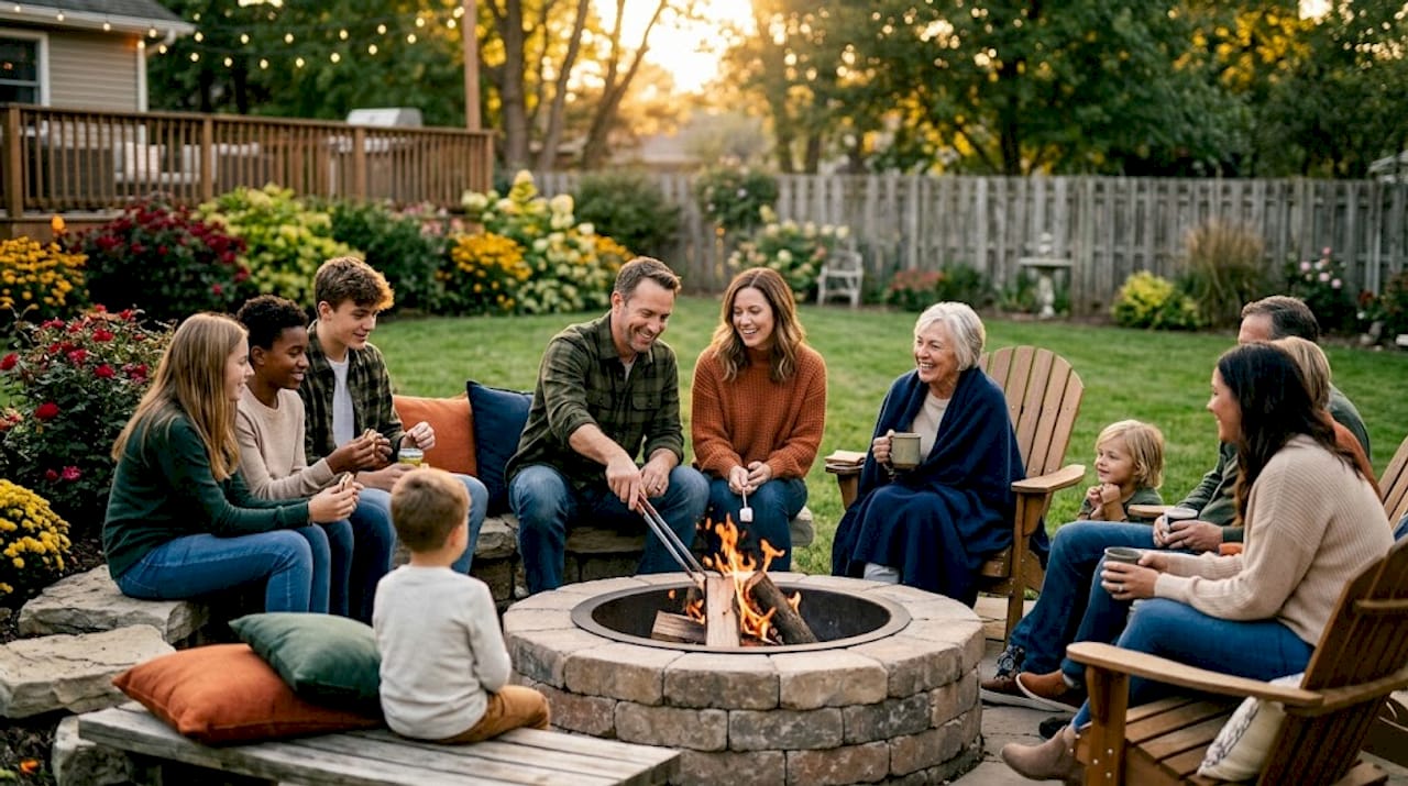 Family enjoying backyard fire pit gathering