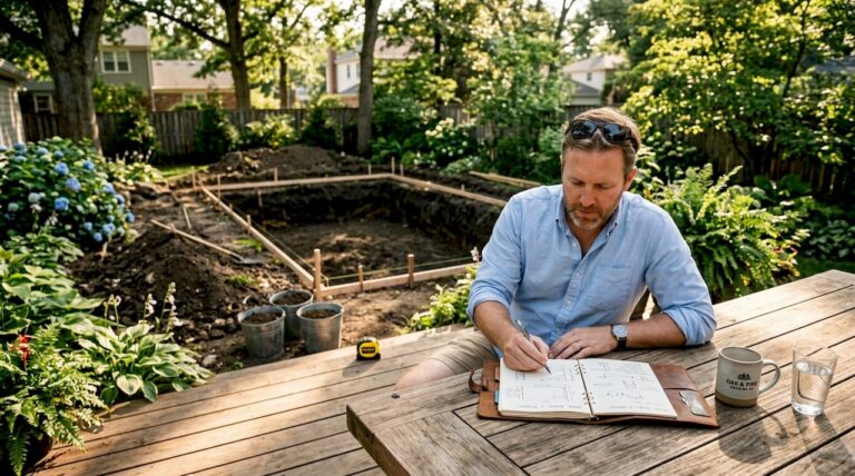Homeowner planning pool features on patio