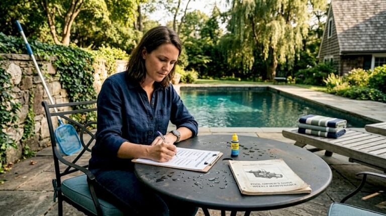 Homeowner filling pool maintenance checklist by pool