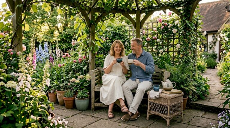 Cozy backyard lounge with couple enjoying tea