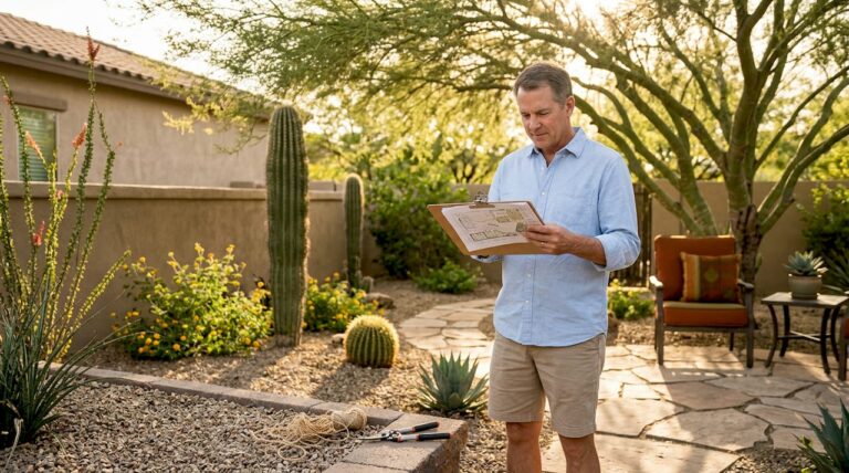Arizona homeowner reviewing desert landscape design