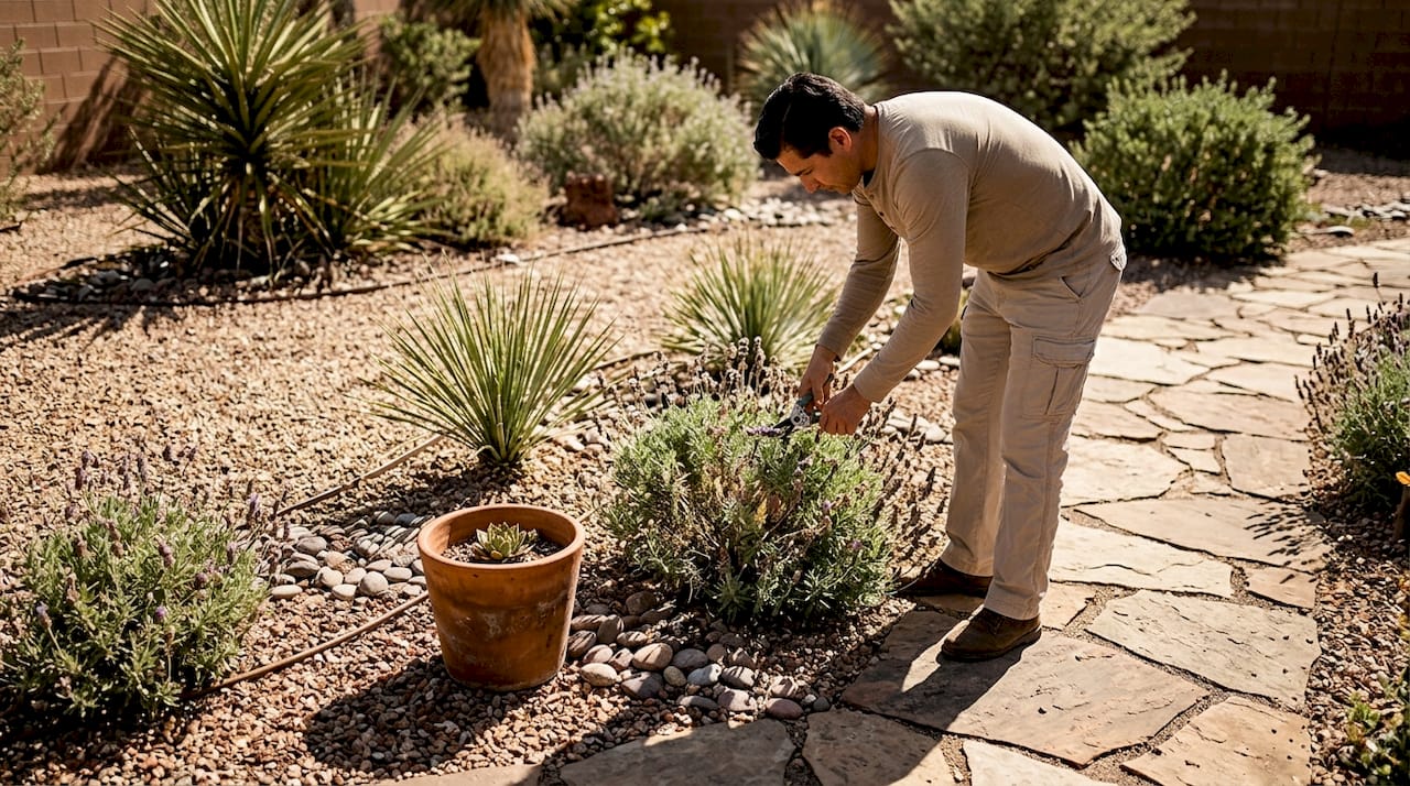 Homeowner tending drought-resistant garden plants