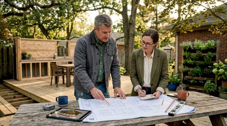 Outdoor builders reviewing project plans