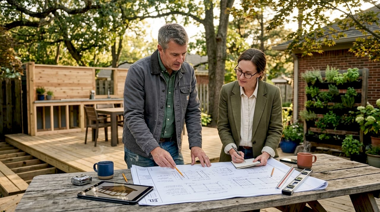 Outdoor builders reviewing project plans
