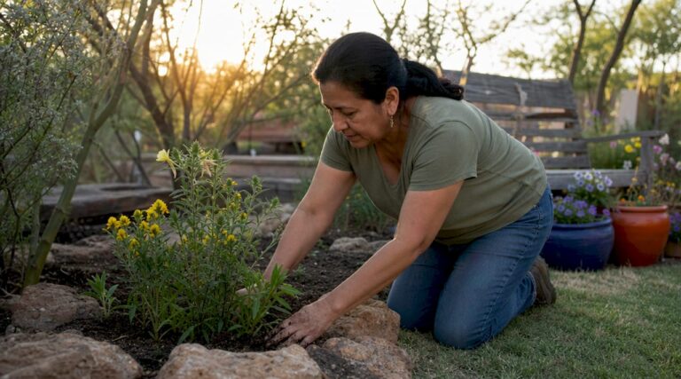 Woman planting native desert plants in backyard