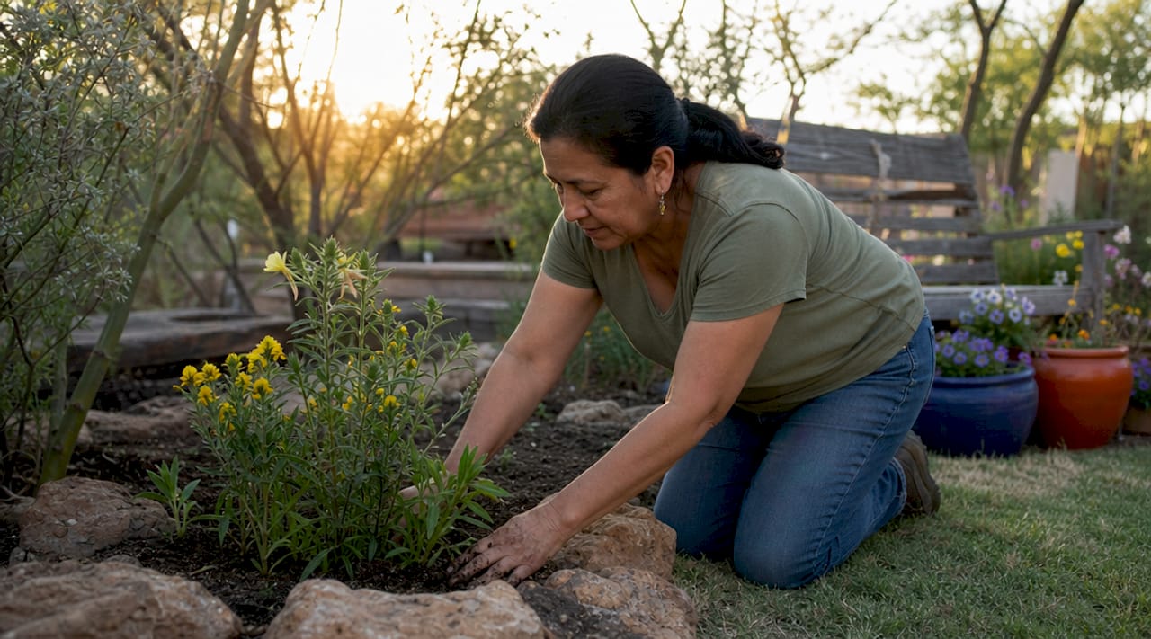 Woman planting native desert plants in backyard