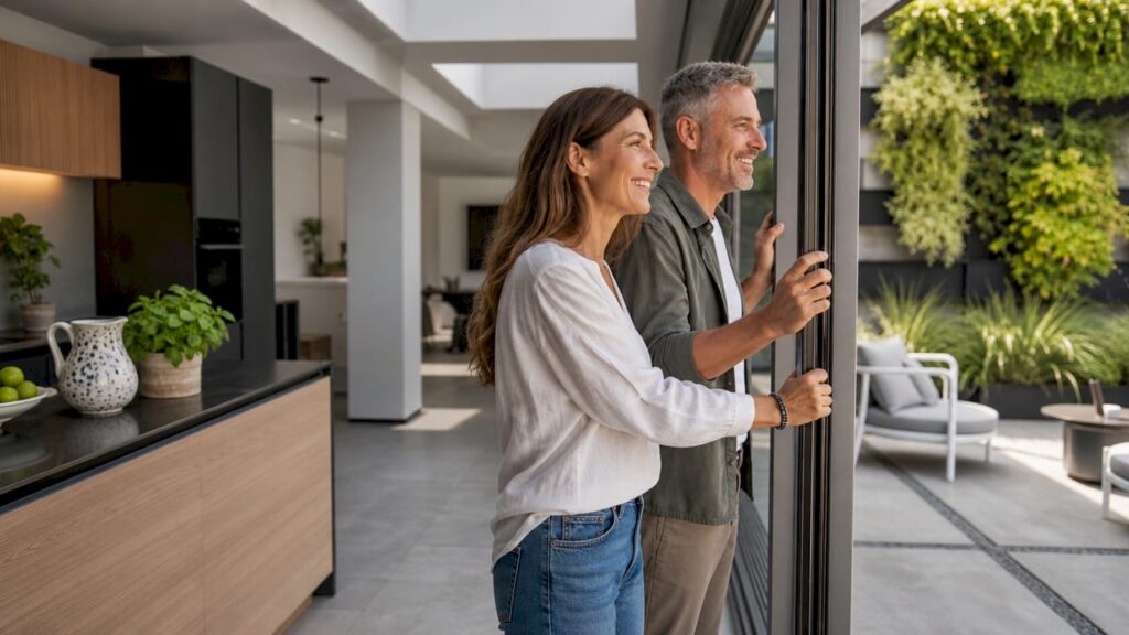 Couple opening folding glass doors to patio